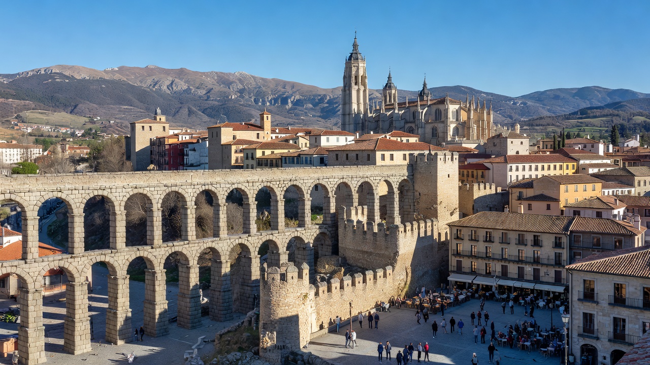 Acueducto de Segovia al atardecer, plaza como espacio de continuidad histórica